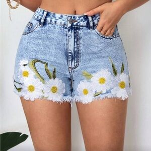 Floral Embroidered Denim Shorts